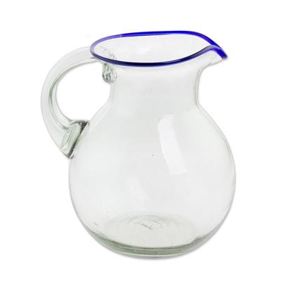 Clear Seas,'Clear Blue Rimmed Hand Blown Recycled Glass Pitcher'