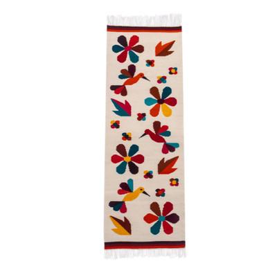 'Flower and Bird-Themed Handwoven Wool Blend Table Runner'