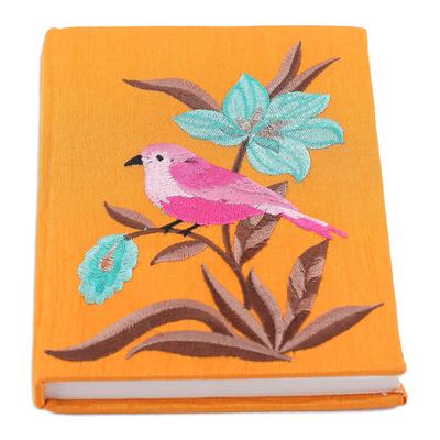 'Nature-Themed Saffron Rayon-Embroidered Journal from India'