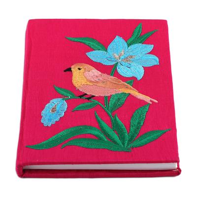 'Nature-Themed Cerise Rayon-Embroidered Journal fr...