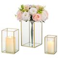 Glasseam Gold Candle Holders for Pillar Candles, Square Hurricane Candle Holder Glass Set of 3, Clear Hurricane Lantern for Table Centrepiece, Chic Pillar Candle Holders for Wedding Party Decoration