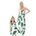 Mom and Me Summer Matching Dress Mother and Daughter Green Leaves Print Sleeveless Skirts Family Matching Beach Outfit (8-9Y Girl)