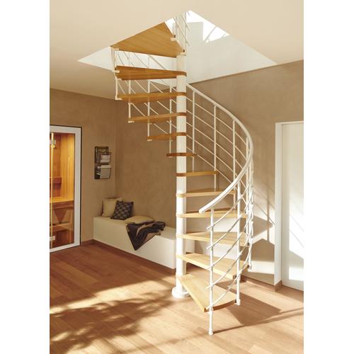 „DOLLE Spindeltreppe „“Oslo““ Treppen Ø 120 cm, Stufen aus Leimholz, lackiert, Metall pulverbeschichtet weiß Gr. gewendelt, braun (braun, weiß) Treppen“