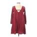 American Eagle Outfitters Casual Dress - A-Line Plunge 3/4 sleeves: Burgundy Print Dresses - Women's Size 2X-Small