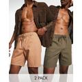 ASOS DESIGN 2 pack slim chino shorts in mid length in tan and khaki save-Multi
