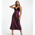 ASOS DESIGN Petite satin midi slip dress with velvet bodice detail in burgundy-Red