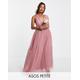 ASOS DESIGN Petite tulle plunge maxi dress dress with bow back detail in rose-Blue