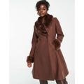 Forever New faux fur collar coat with cuffs in chocolate-Brown