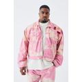 Mens Pink Plus Boxy Fit Bleached Denim Jacket, Pink