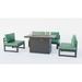 LeisureMod Chelsea 5-Piece Outdoor Patio Chairs and Fire Pit Table Set Green