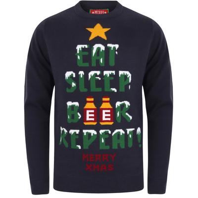 Jumpers Eat Sleep Beer Repeat Motif Novelty Christmas Jumper in Eclipse Blue - Merry Christmas / S - Tokyo Laundry