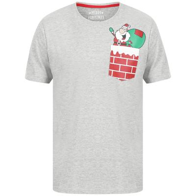 T-Shirts Waving Santa Pocket Motif Novelty Cotton Christmas T-Shirt in Light Grey Marl - Merry Christmas / XL - Tokyo Laundry