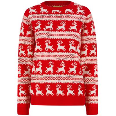 Jumpers Women’s Leaping Reindeers Wallpaper Print Novelty Christmas Jumper in High Risk Red - Merry Christmas / 12 - Tokyo Laundry