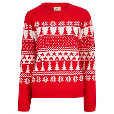 Jumpers Women's Xmas Tree Jacquard Nordic Fairisle Novelty Christmas Jumper in Tokyo Red - Merry Christmas / 14 - Tokyo Laundry