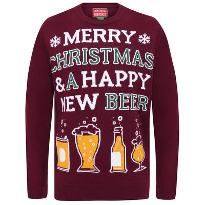 Jumpers Happy New Beer Novelty Christmas Jumper in Oxblood - Merry Christmas / S - Tokyo Laundry