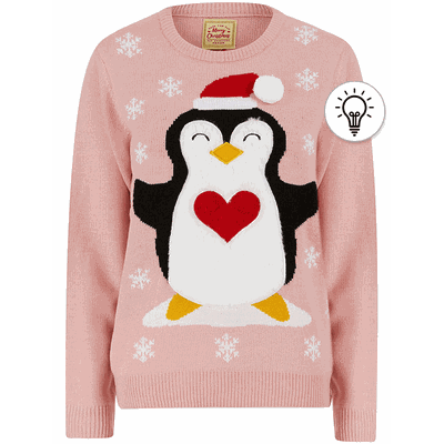 Jumpers Women's Penguin Hug Motif Novelty Christmas Jumper in Pink Almond Blossom - Merry Christmas / 14/L - Tokyo Laundry
