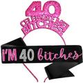 40th Birthday Gifts - SET OF 2: Hot Pink Glitter & Rhinestones I'm 40 es Sash & Hot Pink Sparkle 40 Celebrate Me es Headband - 40th Birthday Party Supplies -Set(CMB40 40Btchs) Pnk/Blk