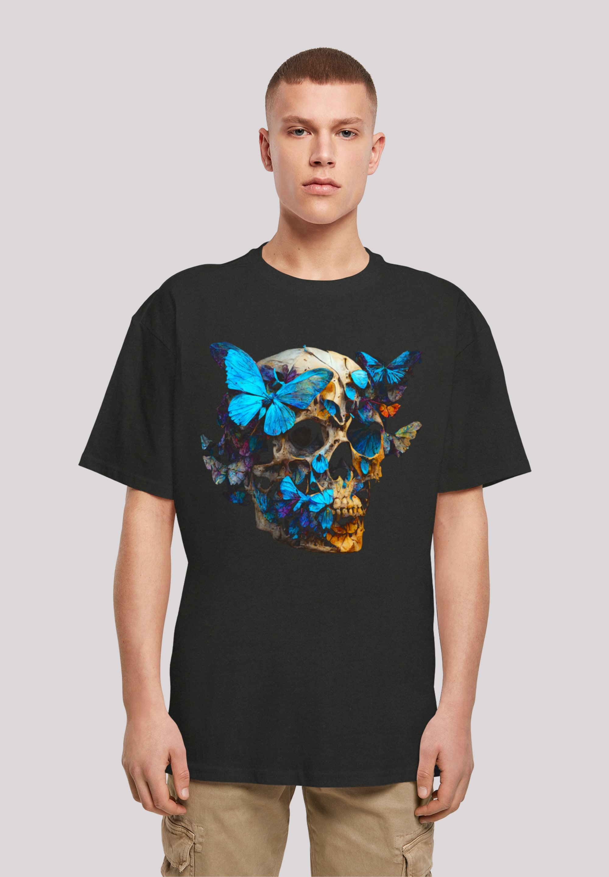 T-Shirt F4NT4STIC "Schmetterling Skull OVERSIZE TEE", Herren, Gr. 3XL, schwarz, Obermaterial: 100% Baumwolle, oversize, Rundhals, ohne Bündchen, Shirts, Print Image