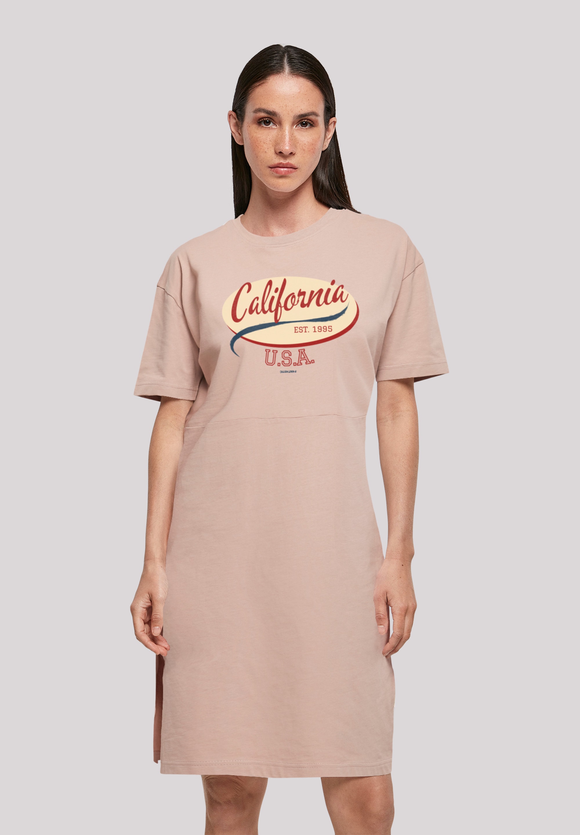 Shirtkleid F4NT4STIC "California", Damen, Gr. XL, rosa (duskrose), Obermaterial: 100% Baumwolle, oversize, Rundhals, ohne Bündchen, Kleider, Print Image