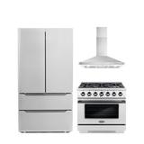 Cosmo 3 Piece Kitchen Appliance Package w/ French Door Refrigerator, 36" Gas Freestanding Range, & Wall Mount Range Hood in Black/Gray | Wayfair
