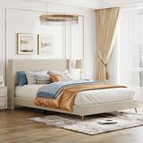 Elegant Upholstered Wood Platform Bed with Upholstered Headboard, Queen Size Corduroy Platform Bed with Metal Legs