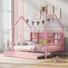 Wooden Full Size House Bed with Trundle,Kids Bed with Shelf,Pink