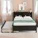 Full Size Platform Bed with Twin Size Trundle Bed, Pine Wood Bed with Storage Headboard and 3 Built-in Small Drawers