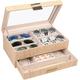 LANDICI Watch Box Organiser Jewellery box for Men Women, 2 Layer 6 Slot PU Leather Watch Storage Case with Glass Top, Large Jewelry Display Holder for Sunglasses Necklace Earring Ring, Oak