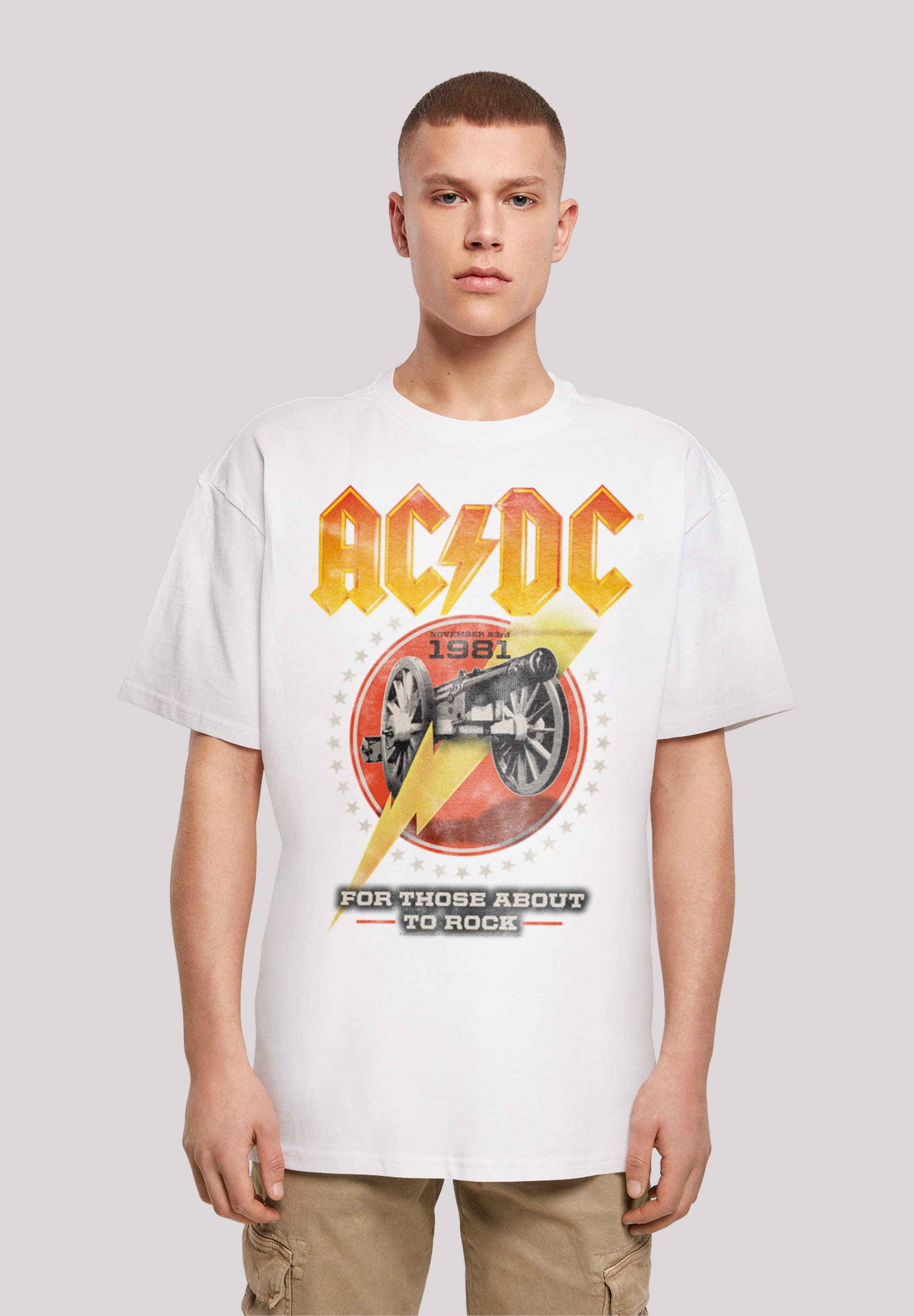 T-Shirt F4NT4STIC "ACDC Rock Band Shirt For Those About To Rock 1981", Herren, Gr. XXL, weiß, Obermaterial: 100% Baumwolle, oversize, Rundhals, ohne Bündchen, Shirts, Print Image