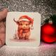 Highland cow coaster , white hardboard Christmas coaster, holiday season decor