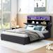 Full Size Upholstered Platform Bed with LED Light & USB Port, Solid Wood Storage Bed Frame with 2 Drawers & Storage Headboard