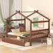 Full Size Kids Playhouse Daybed for Girls Boys, Solid Wood Storage Platform Bedframe with 2 Drawers & Roof, No Box Spring Needed