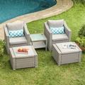 COSIEST 5-Piece Outdoor Furniture Lounge Set Warm Gray Wicker Sectional Sofa w Thick Cushions for Garden Pool Backyard