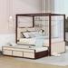 Full Size Canopy Bed Storage Four Poster Bed W/ Trundle & 3 Drawer, Beige