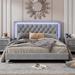 Gray Modern Queen Size Upholstered Bed Frame with LED Lights, Soft Velvet Platform Bed with Crystal Tufted Headboard
