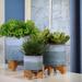 8 in.Blue Fade Ceramic Plant Pot on Wood Stand Mid-Century Planter