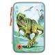 Depesche 12166 Dino World filled 3-fold dinosaur design pencil case with LED effects, pencil case with colored pencils, ruler, scissors etc., grey