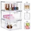 Greentainer Makeup Organizer With Drawers - Stackable Clear Plastic Organizer Drawers,4.5 Inches Tall Organize Cosmetics and Beauty Supplies on a Vanity (Clear 3 Pack with 3 Qtips Holder)