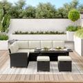 Sand & Stable™ Jett 5 Piece Rattan Lounge Dining w/ Cushions Synthetic Wicker/All - Weather Wicker/Wicker/Rattan | Outdoor Furniture | Wayfair