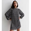 Black Stripe Satin Puff Sleeve Mini Dress New Look