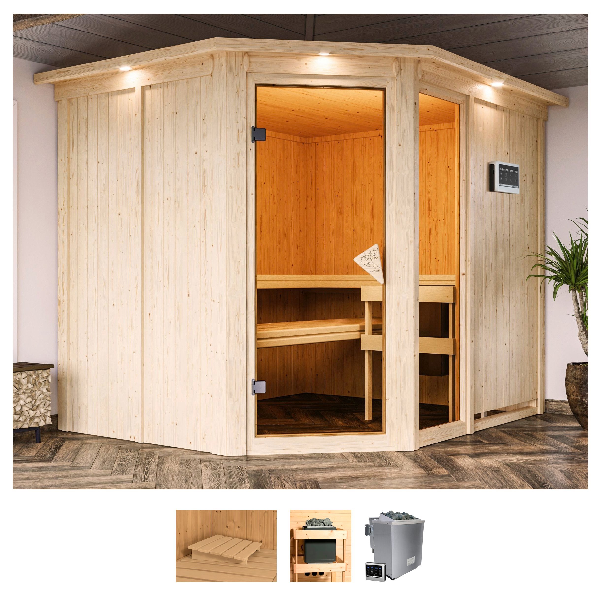 Sauna KARIBU "Frigga 3", beige (naturbelassen), Bio-Kombiofen, externe Steuerung, 9 kW, Saunen, Ofen 9 kW Bio externe Strg easy