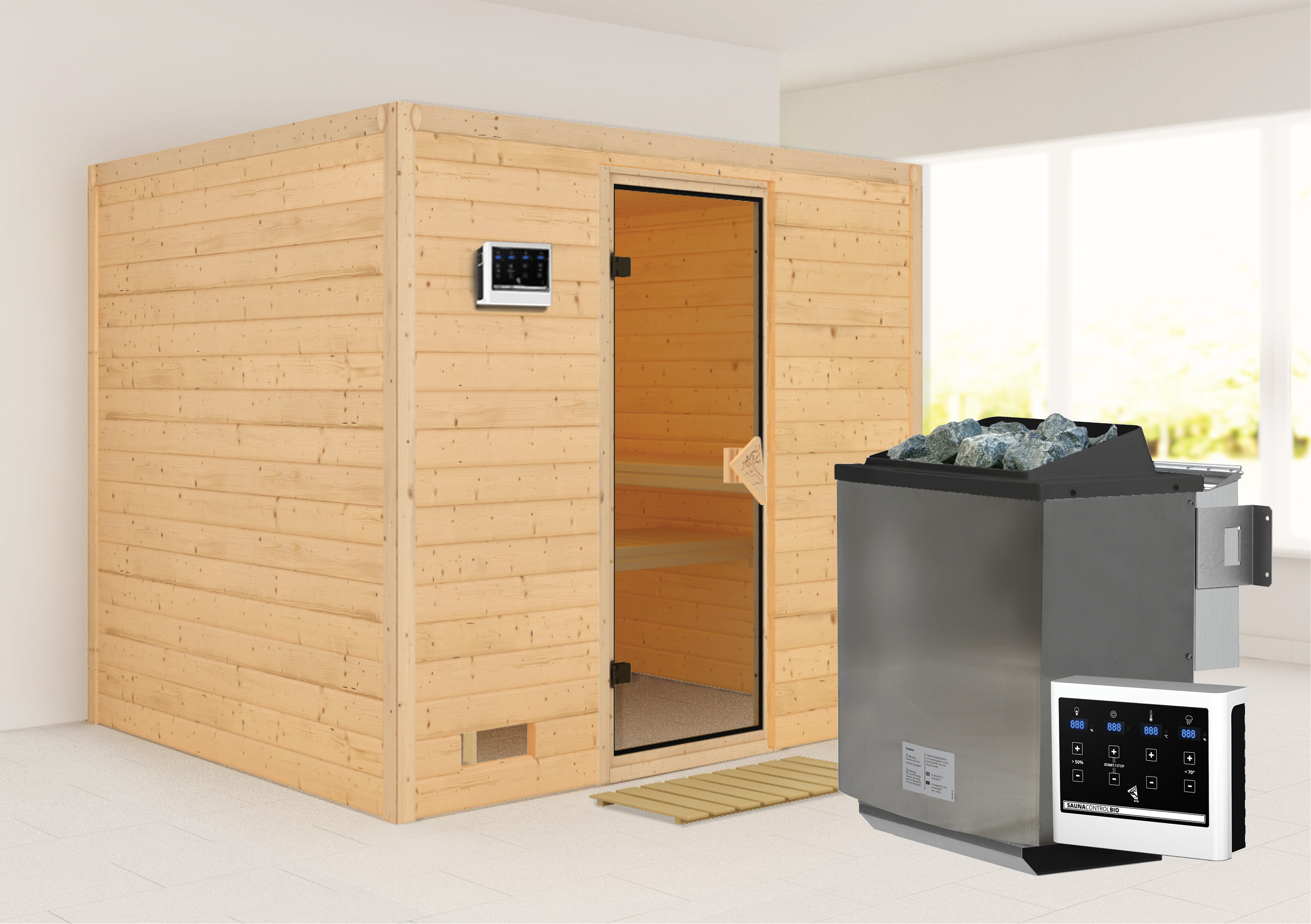 Sauna KARIBU "Soraja", beige (naturbelassen), Bio-Kombiofen, externe Steuerung, 9 kW, Saunen, 9-kW-Bio-Ofen mit externer Steuerung Image