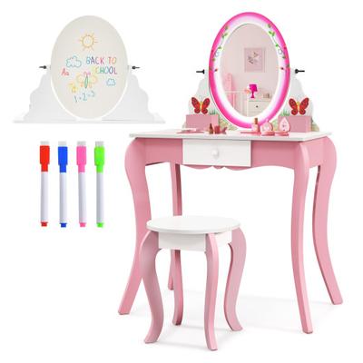 Costway Kids Vanity Table and Stool Set with 360° Rotating Mirror and Whiteboard-Pink