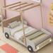 Twin Size Car Shape Platform Bed with Pillow, Wood Kids Bed Frame with Ceiling Cloth and LED Light, Natural