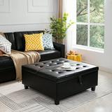 Charlotte 35 Inch Large Square Storage Ottoman Bench Tufted Upholstered Lift Top Coffee Table Ottoman with Storage Oversized Storage Ottomans Toy Box Air Leather Footrest for Living Room â€“ Black