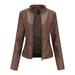Ecqkame Women s Faux Leather Motorcycle Jacket Ladies Slim Leather Stand-Up Collar Zipper Stitching Solid Color Fall Jacket Coffee XL