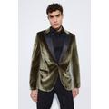 Mens Green Slim Fit Contrast Lapel Velvet Suit Jacket, Green