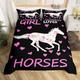 Loussiesd Girls Horse Bedding Set Kids Floral Galloping Horse Duvet Cover for Children Women Bedroom Pink Farmhorse Comforter Cover Set Animal Heart Double Size