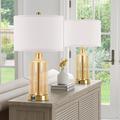 Everly Quinn Alastor Table Lamp w/ AC Outlet & USB & Type-C Included 2 Bulbs Glass/Linen in Yellow | 23.2 H x 13 W x 13 D in | Wayfair