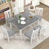 Retro Style 7-Piece Dining Set w/Extendable Table & 6 Upholstered Chairs, for Living, Guest Room, Home Bar & Kitchen, White+gray